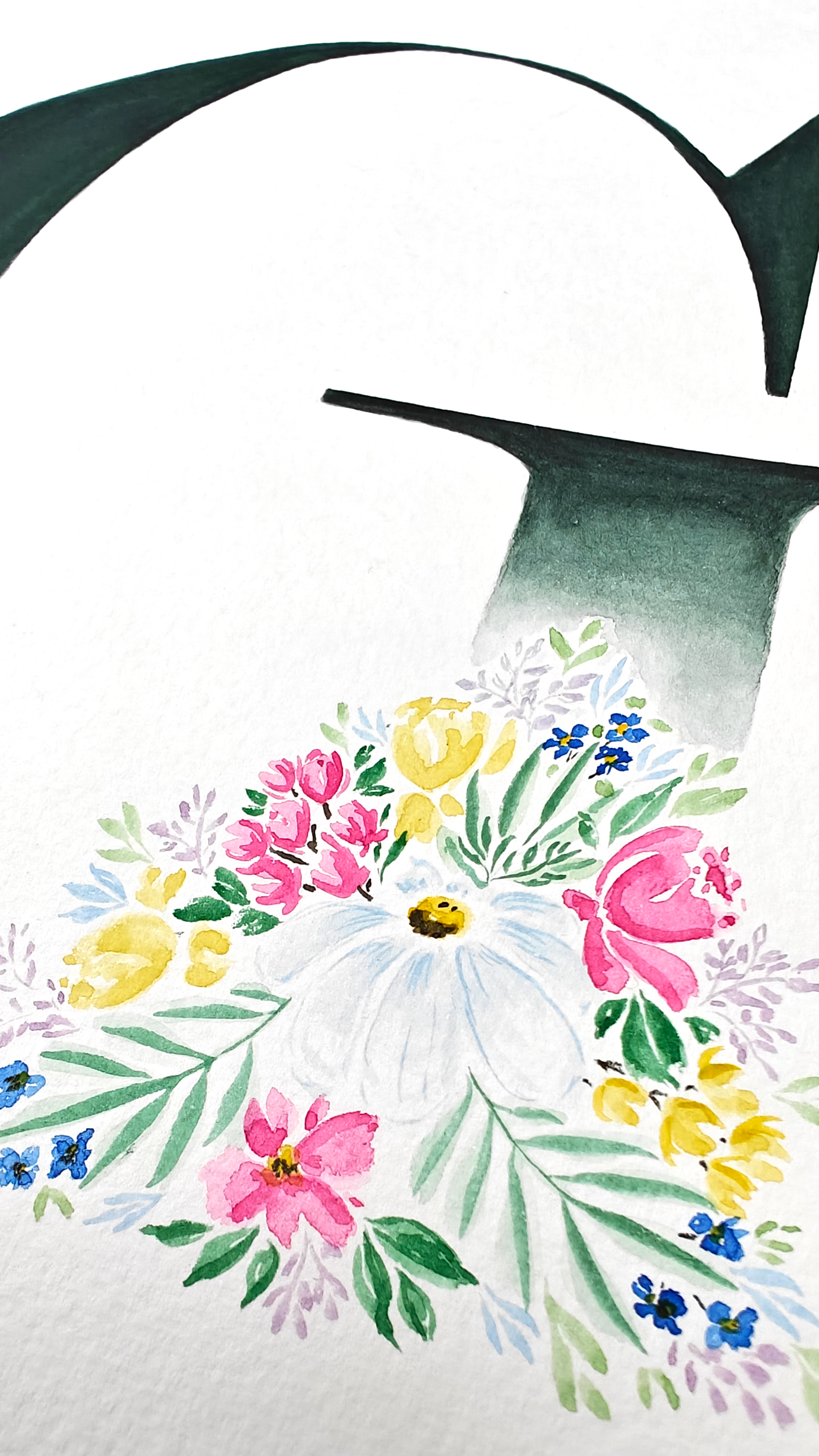 Closeup of detail of decorative letter 'G' with floral elements on a white background. Made with watercolours.