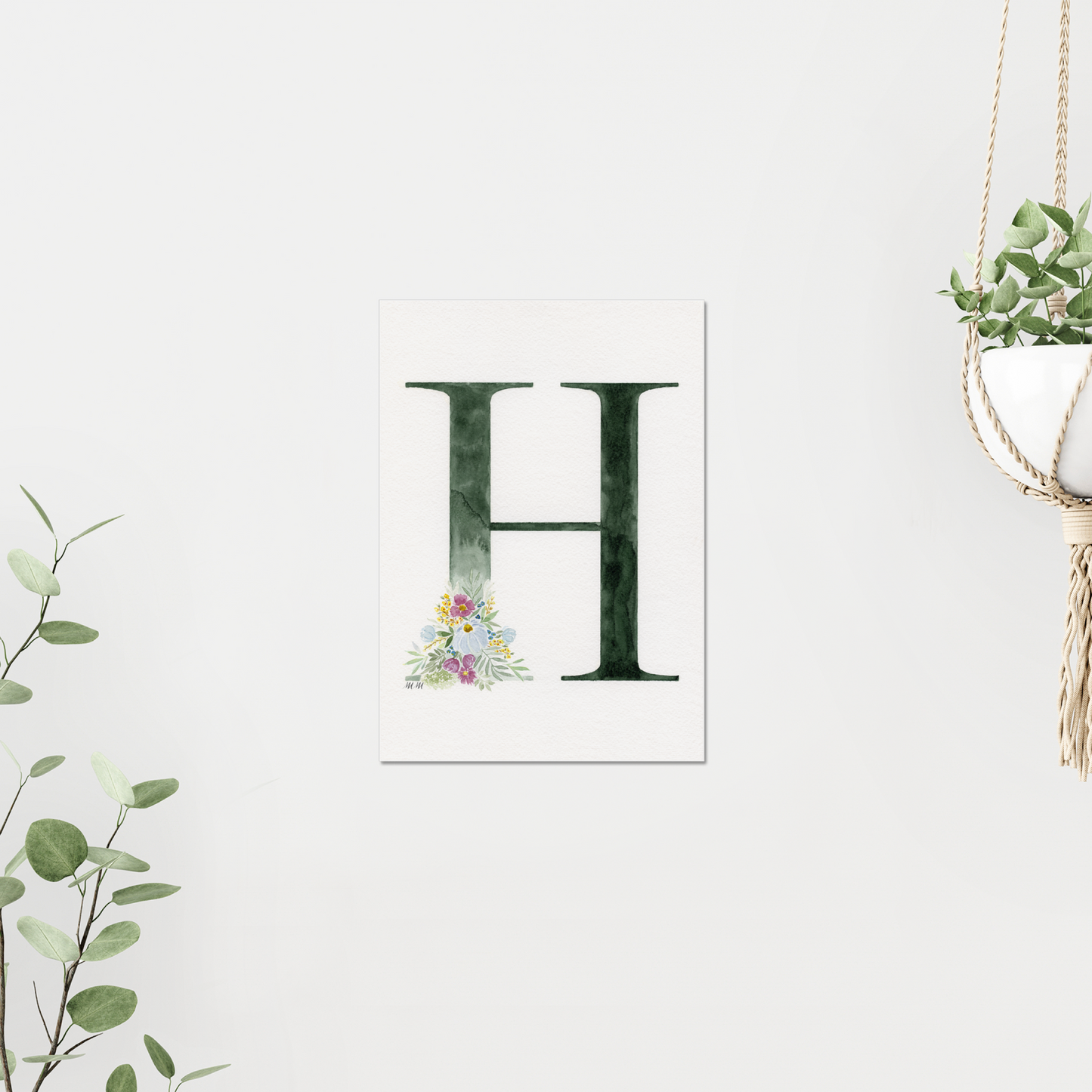 Watercolour monogram 'H' - Flower corner
