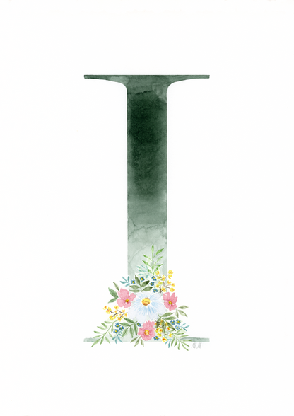 Decorative letter 'I' with floral design on a white background. Made with watercolours.