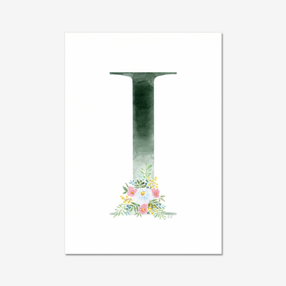 Letter 'I' with floral design on a white background. Made with watercolours.