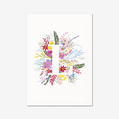Colourful floral design on a white background with white letter L. Made with watercolours.