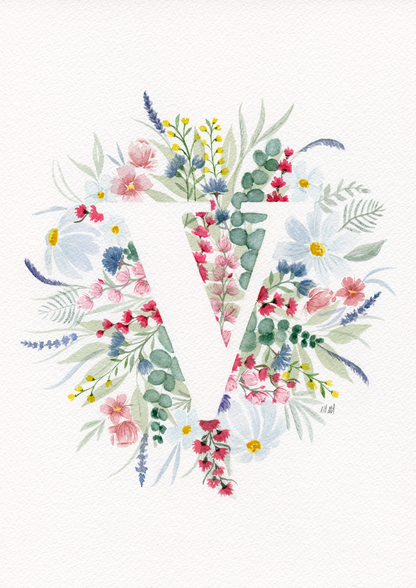 Watercolour monogram 'V' - Flower Bouquet